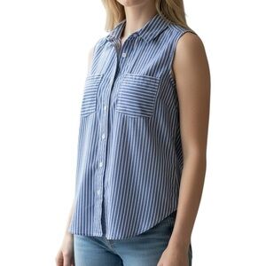 SO Top Button Down Sleeveless Shirt Size Medium Blue White Striped Lightweight